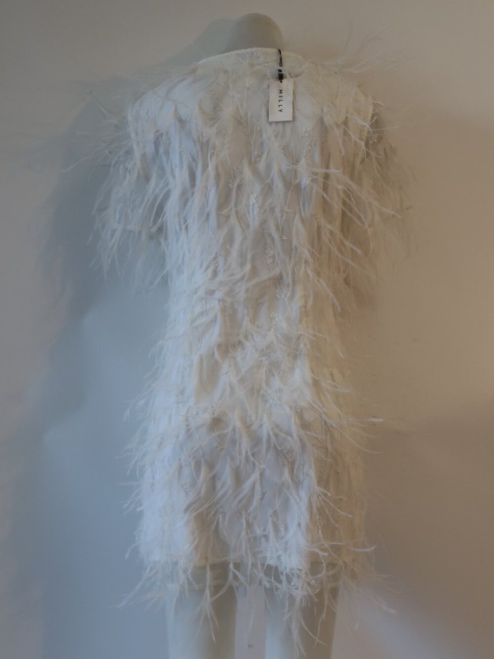 NWT Women Milly Rana White (Item-7014) Short Sleeve Feather Mini Shift Dress S - Picture 13 of 14